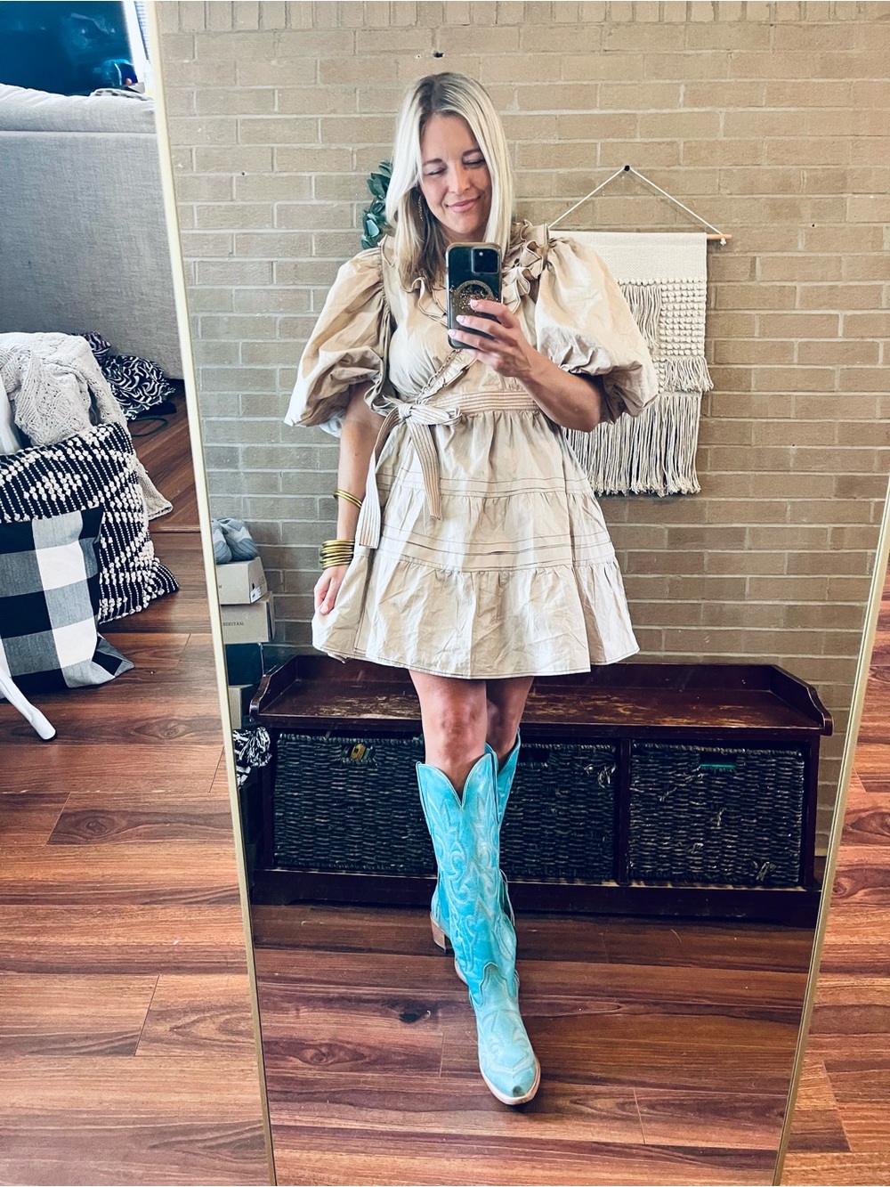 Ruffled Puff-Sleeve Wrap Mini Dress in Neutral Beige